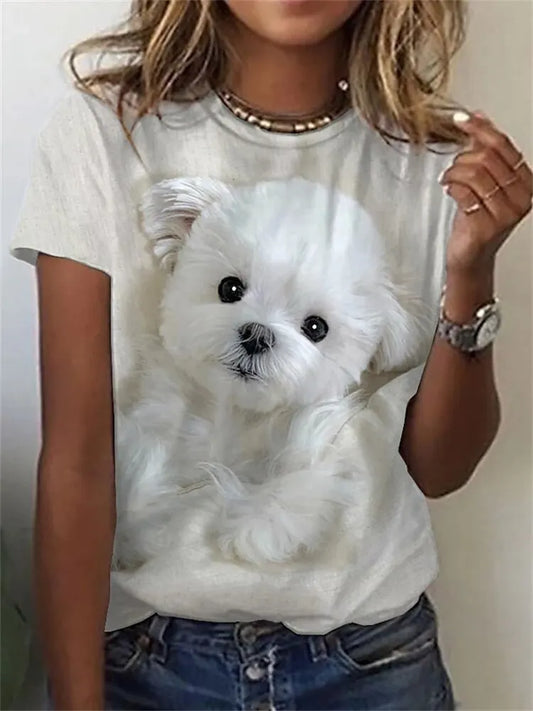 LIVEVOWEB 2024 New Style T-shirt For Women Cute Dog Graphic Print Female Tees Oversized T-Shirt Summer Women Clothing Short Sleeve Fashion