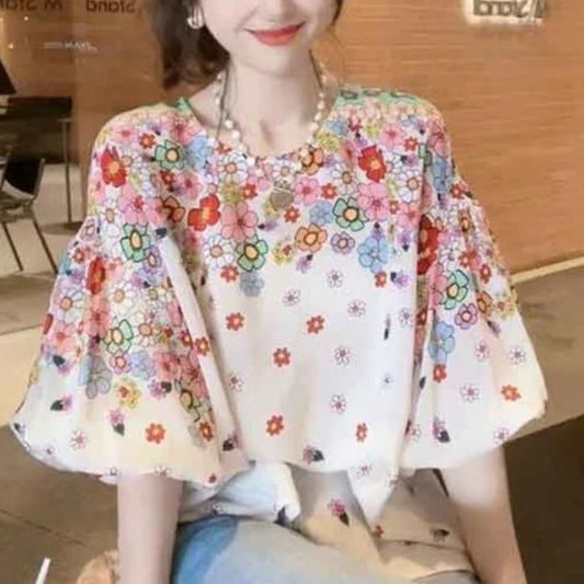 LIVEVOWEB 2024 New Summer Commuting Young Style Sweet and Fashionable Chiffon Lantern Sleep Loose Round Neck Printed Women's T-shirt Top