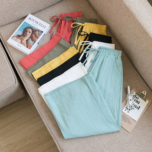 LIVEVOWEB  2024 New women Pants Wide Leg Elastic Waist Cotton Loose style Female Trousers Spring Summer Women Calf-Length Pants