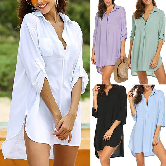 LIVEVOWEB 2024 Spring/Summer AliExpress Wish European and American women's deep V-neck fashionable beach sun protection swimsuit shirt dre