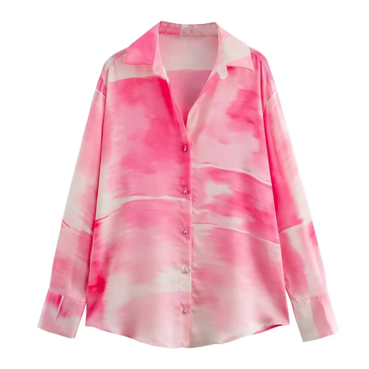 LIVEVOWEB 2024 Summer New Women's Shirt European and American Style Fashion Casual Satin Tie Dyed Print Blouse Top