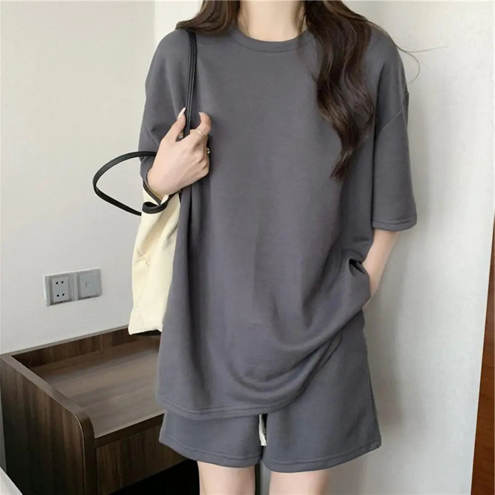 LIVEVOWEB 2024 Summer Women Clothing Sets Short Sleeve T-shirts+Shorts 2Pcs Suits Female Solid Color Outfits Ladies Casual Loose Tracksuit