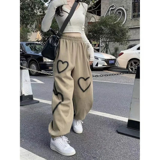 LIVEVOWEB  2024 White Heart Leggings Sports Pants for Women Autumn New Loose Bf Lazy Casual Pants Simple Sport Pants