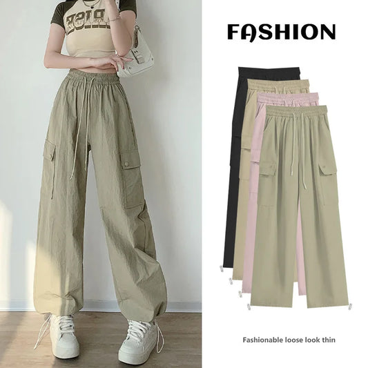 LIVEVOWEB  2024 Women Cargo Pants Casual Big pocket Wide leg Long Pants Elastic waist Sports outside street trousers for girls