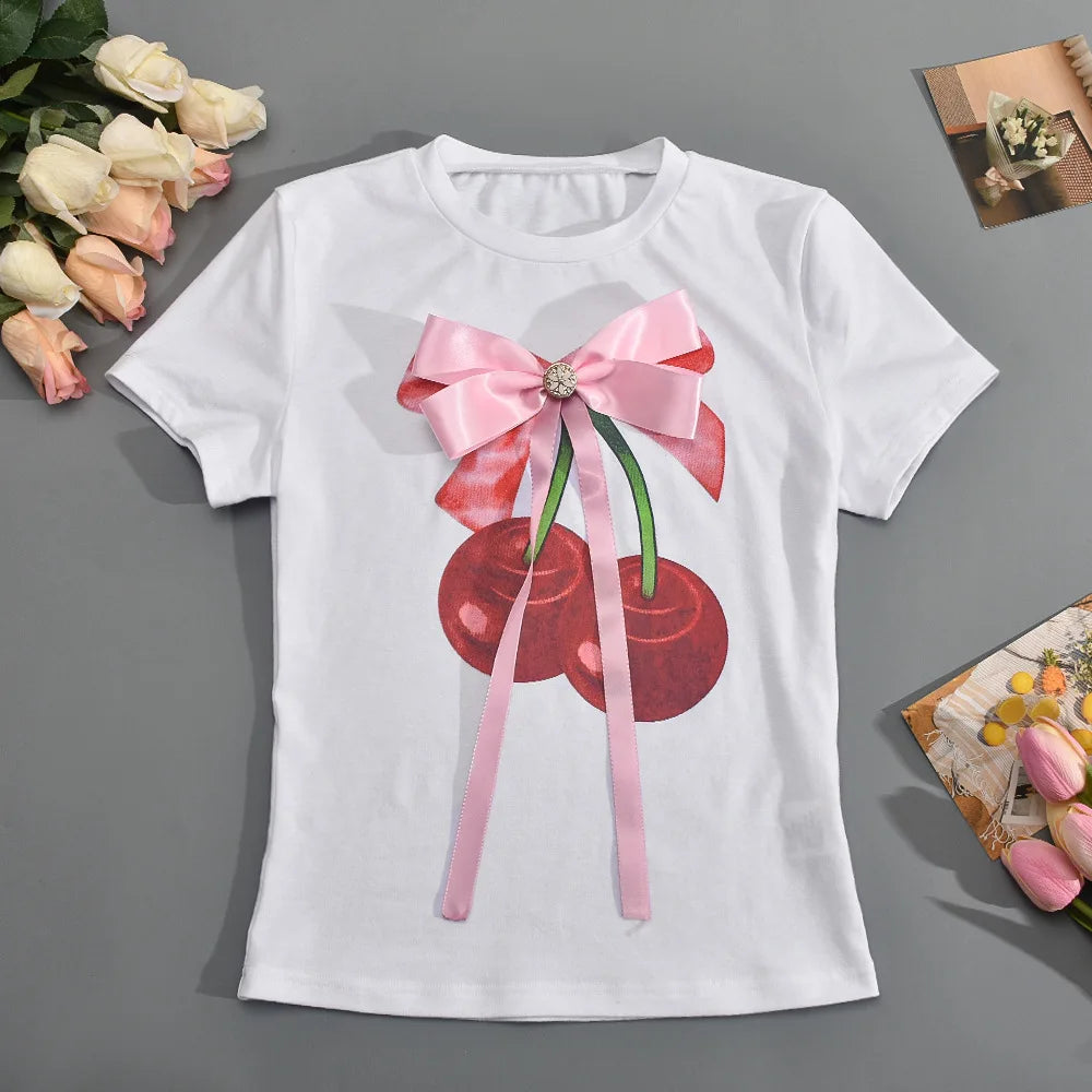 LIVEVOWEB 3D Butterfly Tie Decorative T Shirt For Women Coquette Bows Short Sleeve Summer Slim Fit Casual Printed Tees Tops