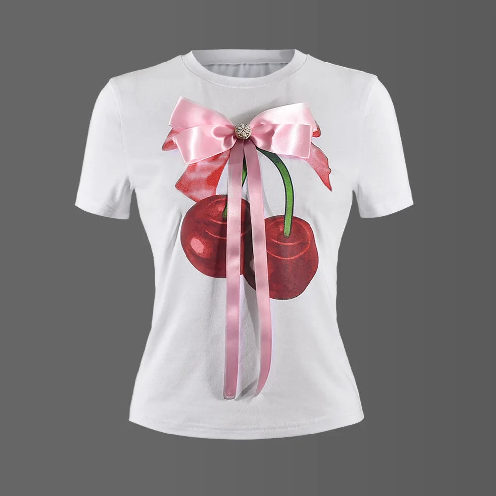 LIVEVOWEB 3D Butterfly Tie Decorative T Shirt For Women Coquette Bows Short Sleeve Summer Slim Fit Casual Printed Tees Tops