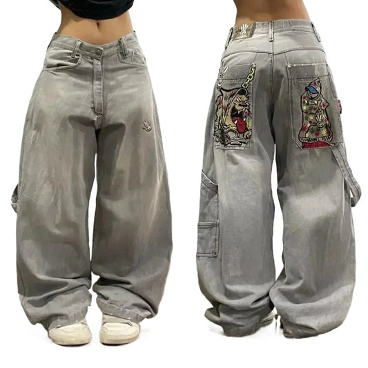 LIVEVOWEB American Hip Hop Retro Gothic Print Jeans Women Y2K New Street Selling Fashion Loose Straight Wide Leg Pants Unisex Joker Jeans