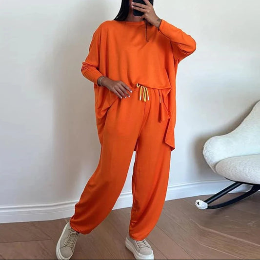 LIVEVOWEB Autumn Long Sleeve Loose Leisure Suit Woman Fashion Round Neck Top Pullover & Long Pants Outfit Spring Solid Color Two Piece Set