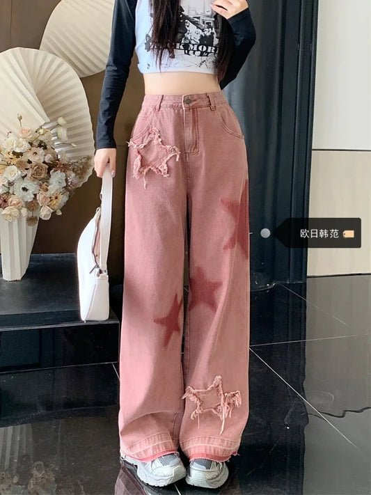 LIVEVOWEB Autumn Oversize Straight Denim Jeans for Women American Vintage High Waist Pants Y2k E-Girl Star Loose Wide Leg