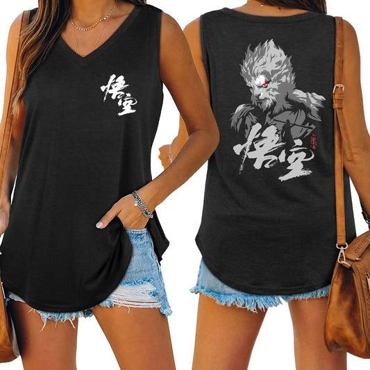 LIVEVOWEB Black Myth Wukong Sun Wukong Tank V-neck Female Vest Loose Oversized Women No Sleeve Top