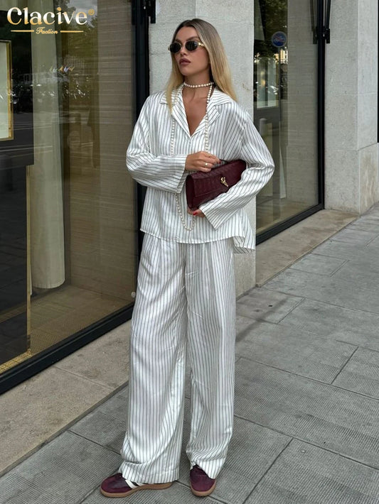 LIVEVOWEB Clacive Fashion Loose Stripe Print Trousers Sets For Women 2 Pieces Elegant Long Sleeve Shirt With High Waist Wide Pants Set