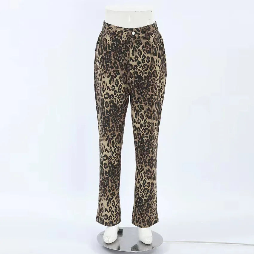 LIVEVOWEB European and American leopard print jogging pants, fashionable street style, women's high waisted pocket pants, office women's s