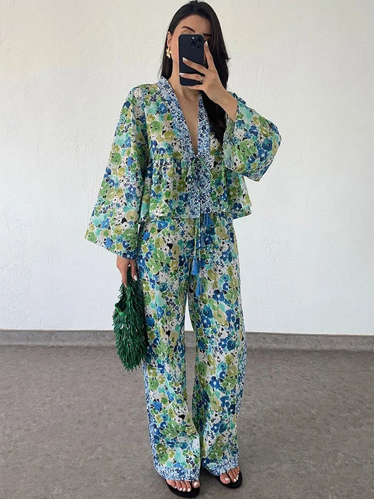 LIVEVOWEB Fashion Floral Printed Long Pant Set for Women Chic Lace Up Long Sleeve Shirt Loose Wide Leg Trousers 2024 Autumn Female Suit