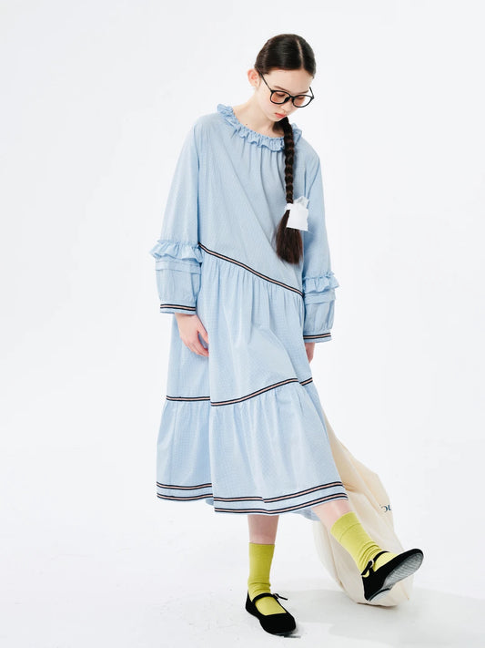 LIVEVOWEB IMAKOKONI original design blue long-sleeved round neck pullover lace splicing mid-length dress 244520