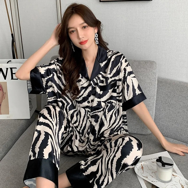 LIVEVOWEB New Ladies Two-Piece Pajamas Spring And Autumn Summer Pajamas Women Zebra Print Silk Short-Sleeved Trousers Pajamas Homewear Set