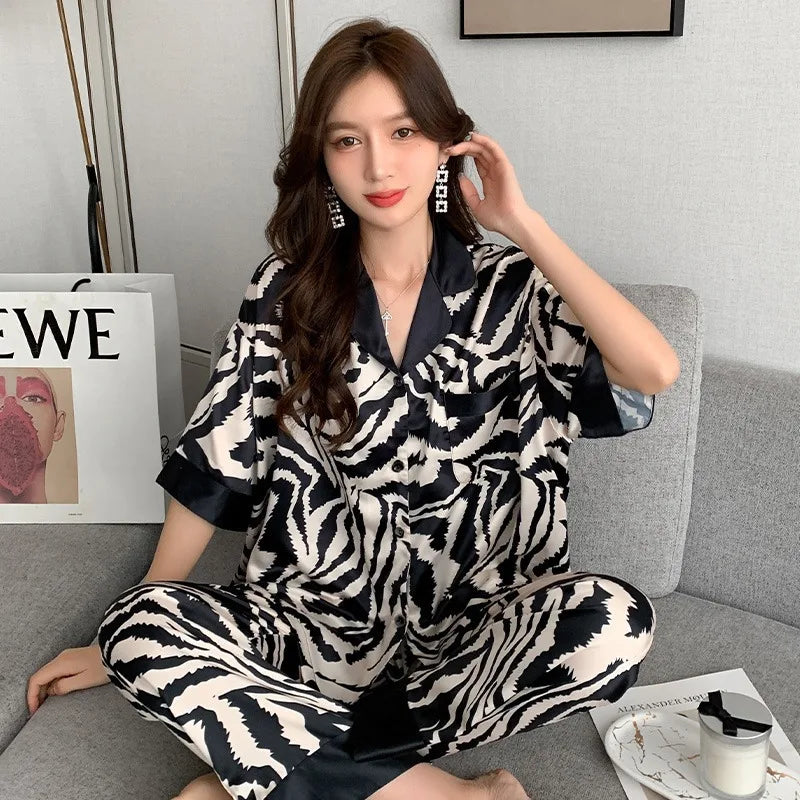 LIVEVOWEB New Ladies Two-Piece Pajamas Spring And Autumn Summer Pajamas Women Zebra Print Silk Short-Sleeved Trousers Pajamas Homewear Set