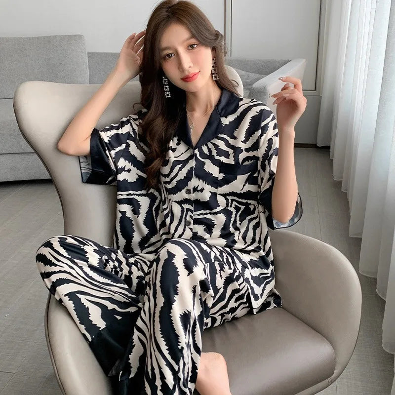 LIVEVOWEB New Ladies Two-Piece Pajamas Spring And Autumn Summer Pajamas Women Zebra Print Silk Short-Sleeved Trousers Pajamas Homewear Set