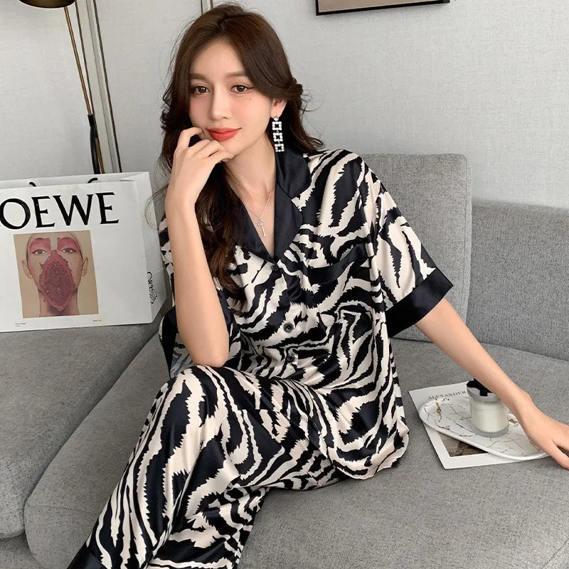 LIVEVOWEB New Ladies Two-Piece Pajamas Spring And Autumn Summer Pajamas Women Zebra Print Silk Short-Sleeved Trousers Pajamas Homewear Set