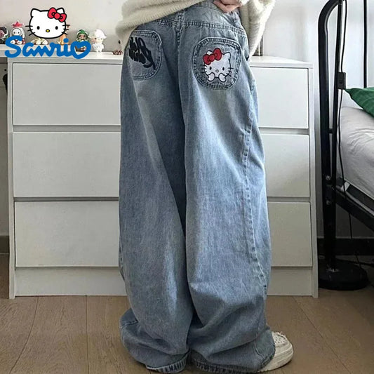 LIVEVOWEB New Sanrio Hello Kitty Baggy Jeans Women Blue Denim Embroidery Fashion Wide Leg Pants Winter High Waist Straight Clothes Y2k