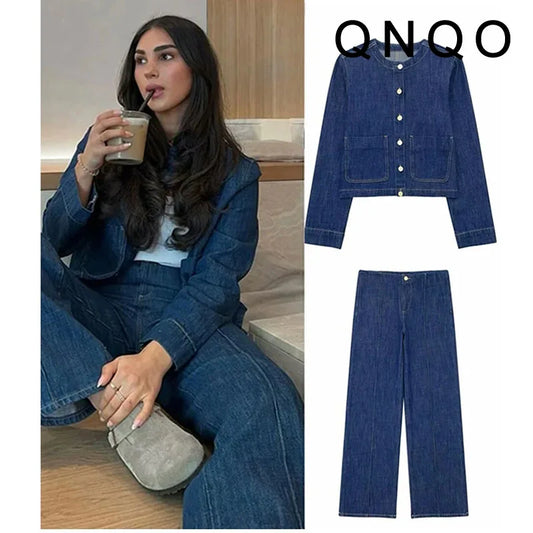 LIVEVOWEB QNQO Sets for Women 2 Pieces Denim Pockets O-Neck Full Sleeve Jacket 2024 Streetwear New Fashion Straight High Waist Pants Sets