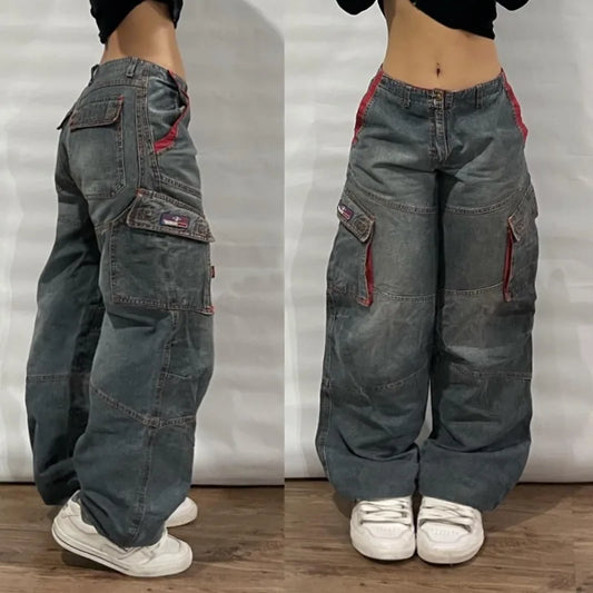 LIVEVOWEB Street Vintage Jeans New Y2K Harajuku Wash Blue Multiple pockets Baggy Jeans Denim Pants Mens Womens High Waist Wide Trousers