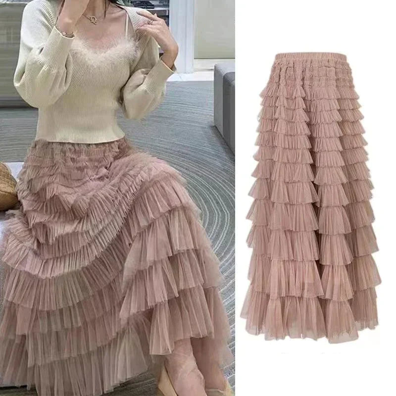 LIVEVOWEB Summer Spring Women’s Multilayer Ruffles Tulle Skirt Pleated High Waist Fluffy Maxi Skirt Fairy Cake Dress Long Tutu Party Skirt