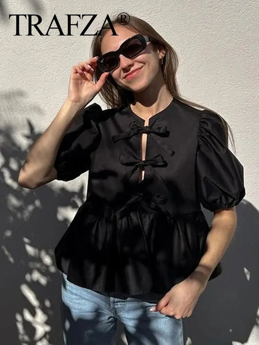 LIVEVOWEB TRAFZA Women Bow Lace Up Puff Sleeve Shirt Sweet White Black O Neck Blouse 2024 Spring Summer Casual Female Chic Top Shirts