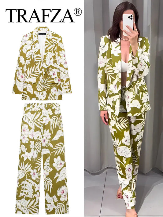 LIVEVOWEB TRAFZA Women Fashion Floral Print Trouser Suits V Neck Commute Blazer Top + Back Elastic Waist Office Woman Wide Leg Long Pant