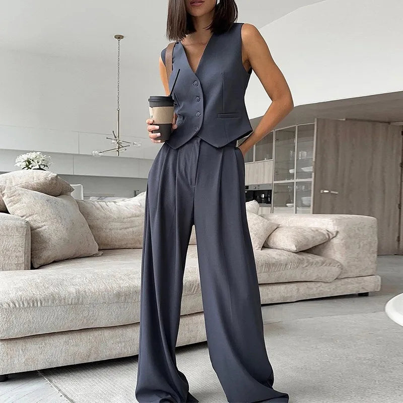 LIVEVOWEB V-neck Sleeveless Vest Drape Wide Leg Trousers Casual Suit Pants Pant Sets for Women 2 Pieces Elegant Women's Sets Suits