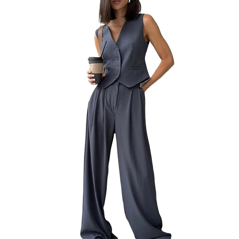 LIVEVOWEB V-neck Sleeveless Vest Drape Wide Leg Trousers Casual Suit Pants Pant Sets for Women 2 Pieces Elegant Women's Sets Suits