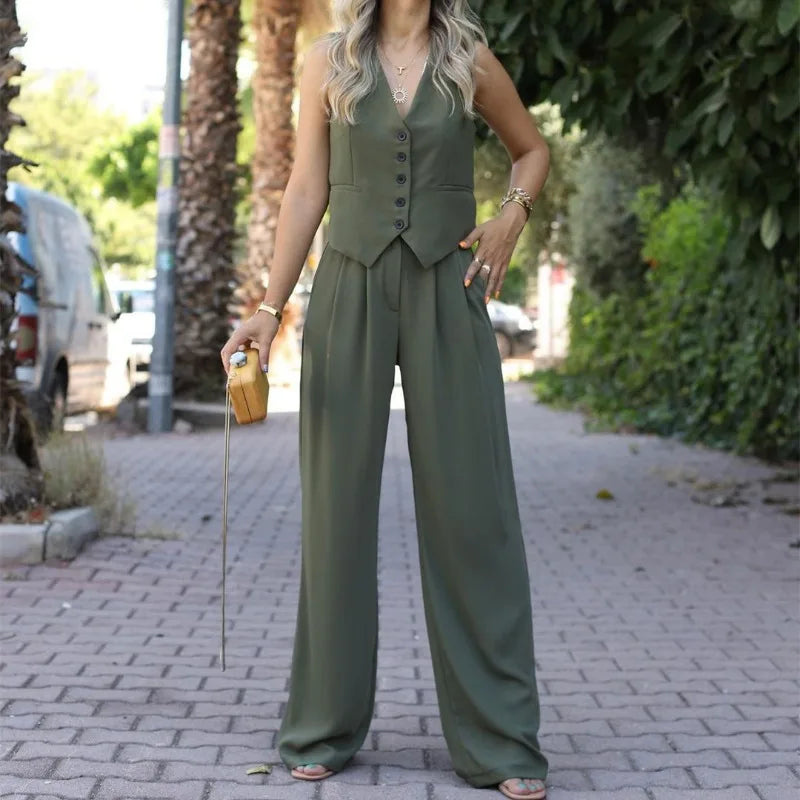 LIVEVOWEB V-neck Sleeveless Vest Drape Wide Leg Trousers Casual Suit Pants Pant Sets for Women 2 Pieces Elegant Women's Sets Suits