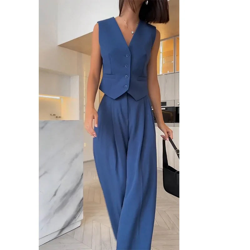 LIVEVOWEB V-neck Sleeveless Vest Drape Wide Leg Trousers Casual Suit Pants Pant Sets for Women 2 Pieces Elegant Women's Sets Suits