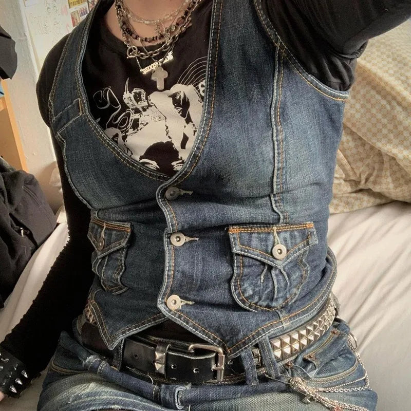 LIVEVOWEB Y2K Denim Vest fairy grunge Sleeveless denim jacket Corset Top Buttons V Neck Vintage Streetwear Women Aesthetic Tanks Top 2024