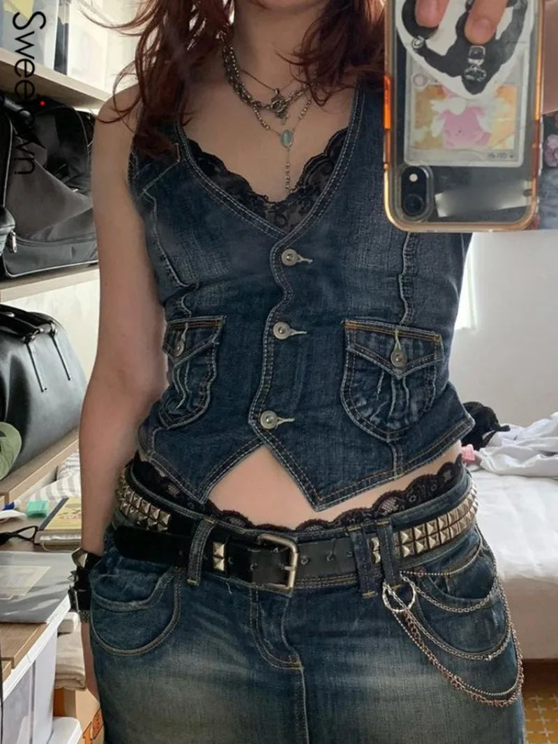 LIVEVOWEB Y2K Denim Vest fairy grunge Sleeveless denim jacket Corset Top Buttons V Neck Vintage Streetwear Women Aesthetic Tanks Top 2024