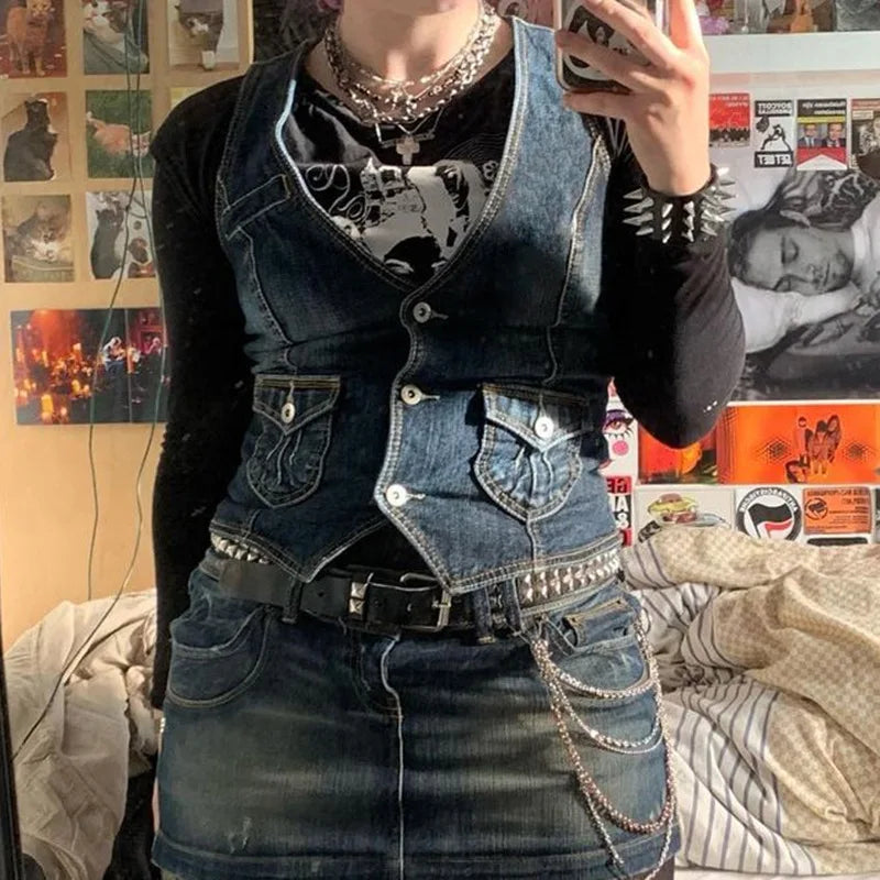 LIVEVOWEB Y2K Denim Vest fairy grunge Sleeveless denim jacket Corset Top Buttons V Neck Vintage Streetwear Women Aesthetic Tanks Top 2024