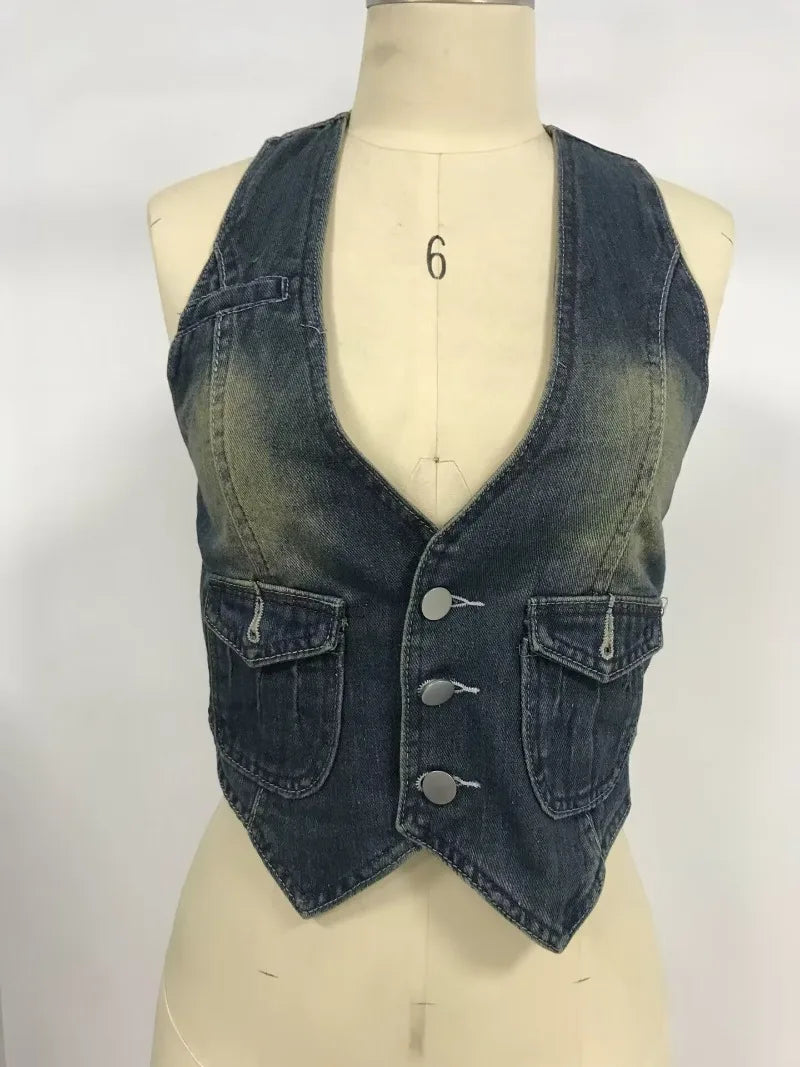 LIVEVOWEB Y2K Denim Vest fairy grunge Sleeveless denim jacket Corset Top Buttons V Neck Vintage Streetwear Women Aesthetic Tanks Top 2024